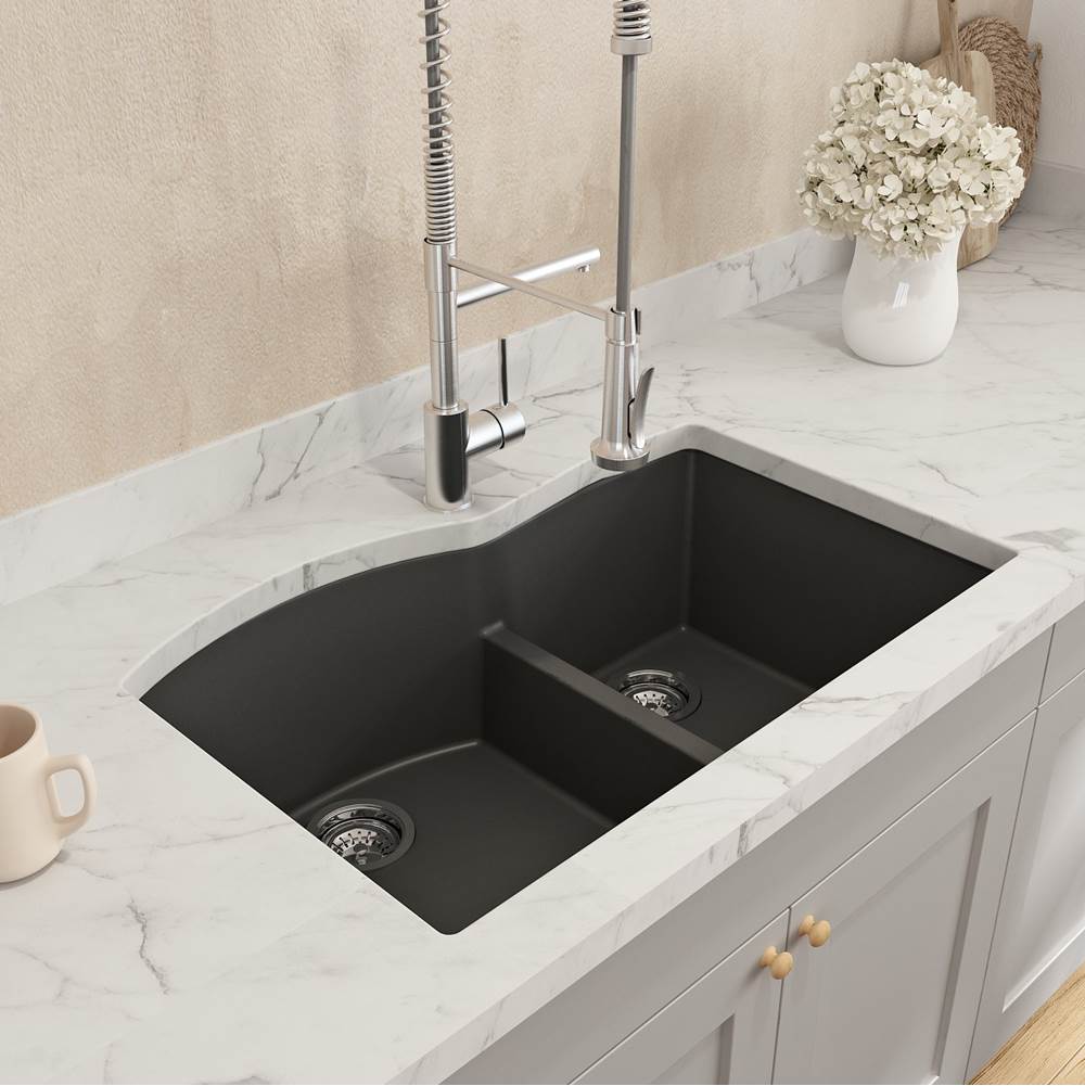 BOCCHI Campino Duo Dual Mount Granite Composite 33 in. 60/40 Double Bowl Kitchen Sink with Strainers in Matte Black