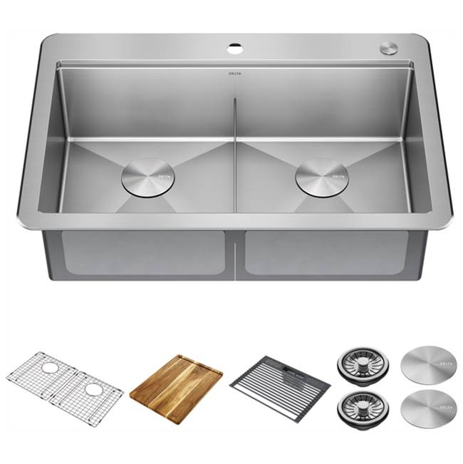Delta Faucet Delta® Lorelai™ 33'' Workstation Kitchen Sink Drop-In Top Mount 16 Gauge Stainless Steel Double Bowl with WorkFlow™ Ledge and Accessories