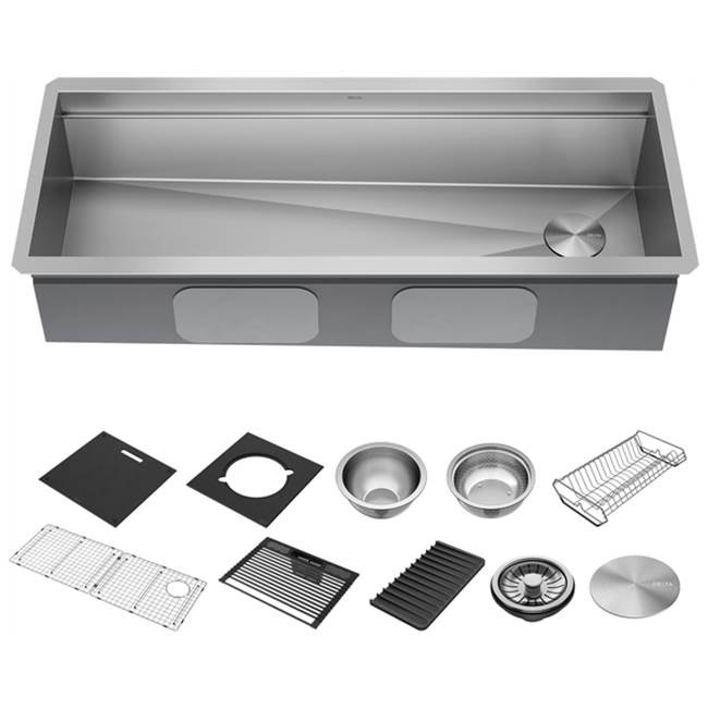 Delta Faucet Delta® Rivet™ 45'' Workstation Kitchen Sink Undermount 16 Gauge Stainless Steel Single Bowl with 2-Tier WorkFlow™ Ledge and Accessories