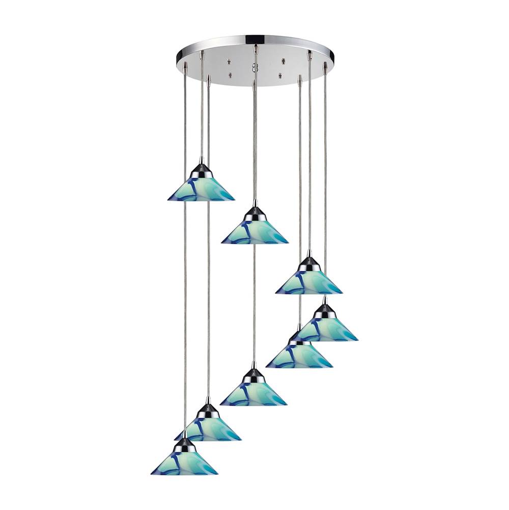 Elk Lighting Refraction 8-Light Round Pendant Fixture in Polished Chrome With Caribbean Glass