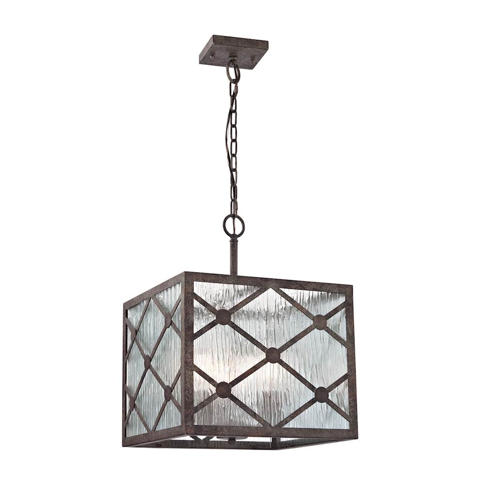 Elk Lighting Radley 3-Light Pendant in Malted Rust With Clear Raindrop Glass Panels