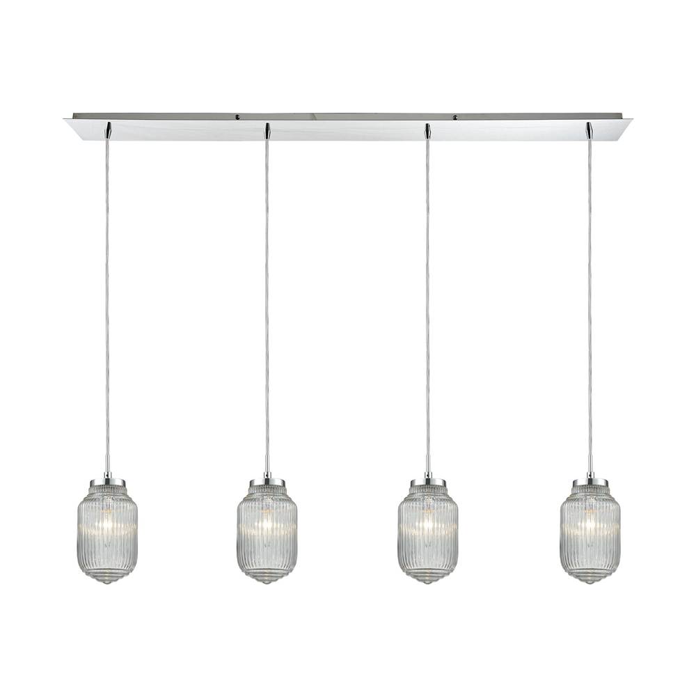 Elk Lighting Dubois 4-Light Linear Pendant Fixture in Polished Chrome With Clear Ribbed Glass