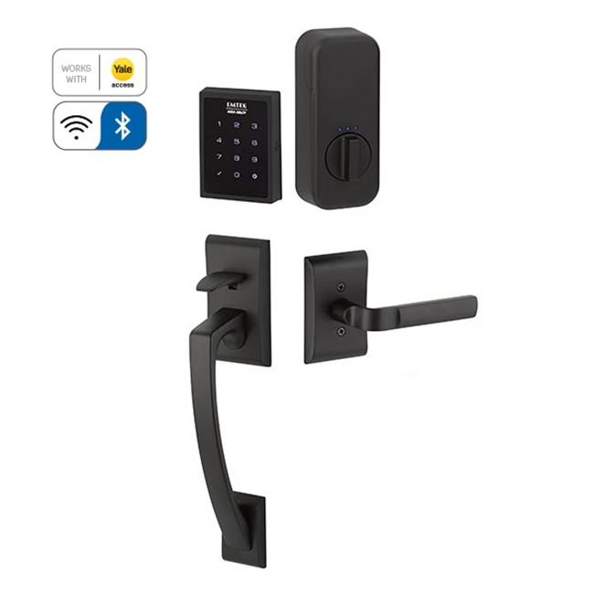 Emtek Electronic EMPowered Motorized Touchscreen Keypad Smart Lock Entry Set with Ares Grip - works with Yale Access, Ribbon and Reed Lever, RH, US15