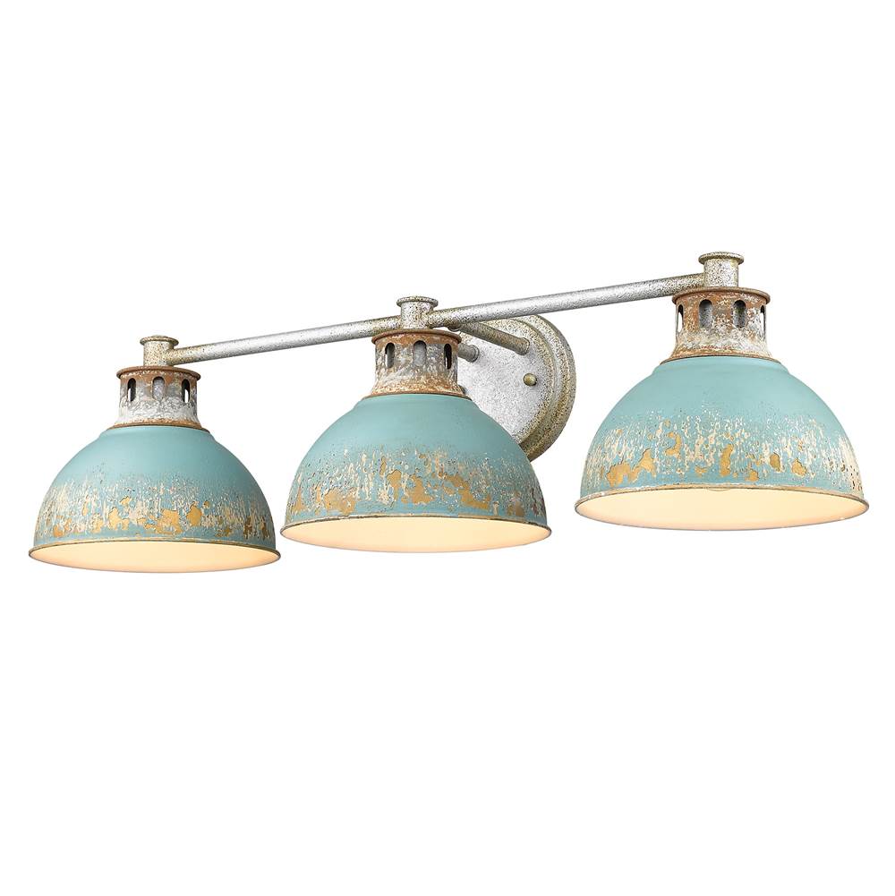 Golden Lighting Kinsley 3 Light Bath Vanity in Aged Galvanized Steel with Teal Shade