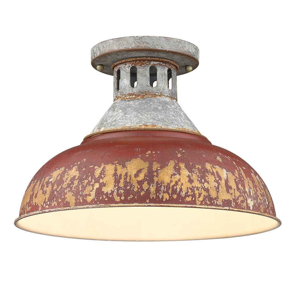 Golden Lighting Kinsley Semi-Flush in Aged Galvanized Steel with Red Shade