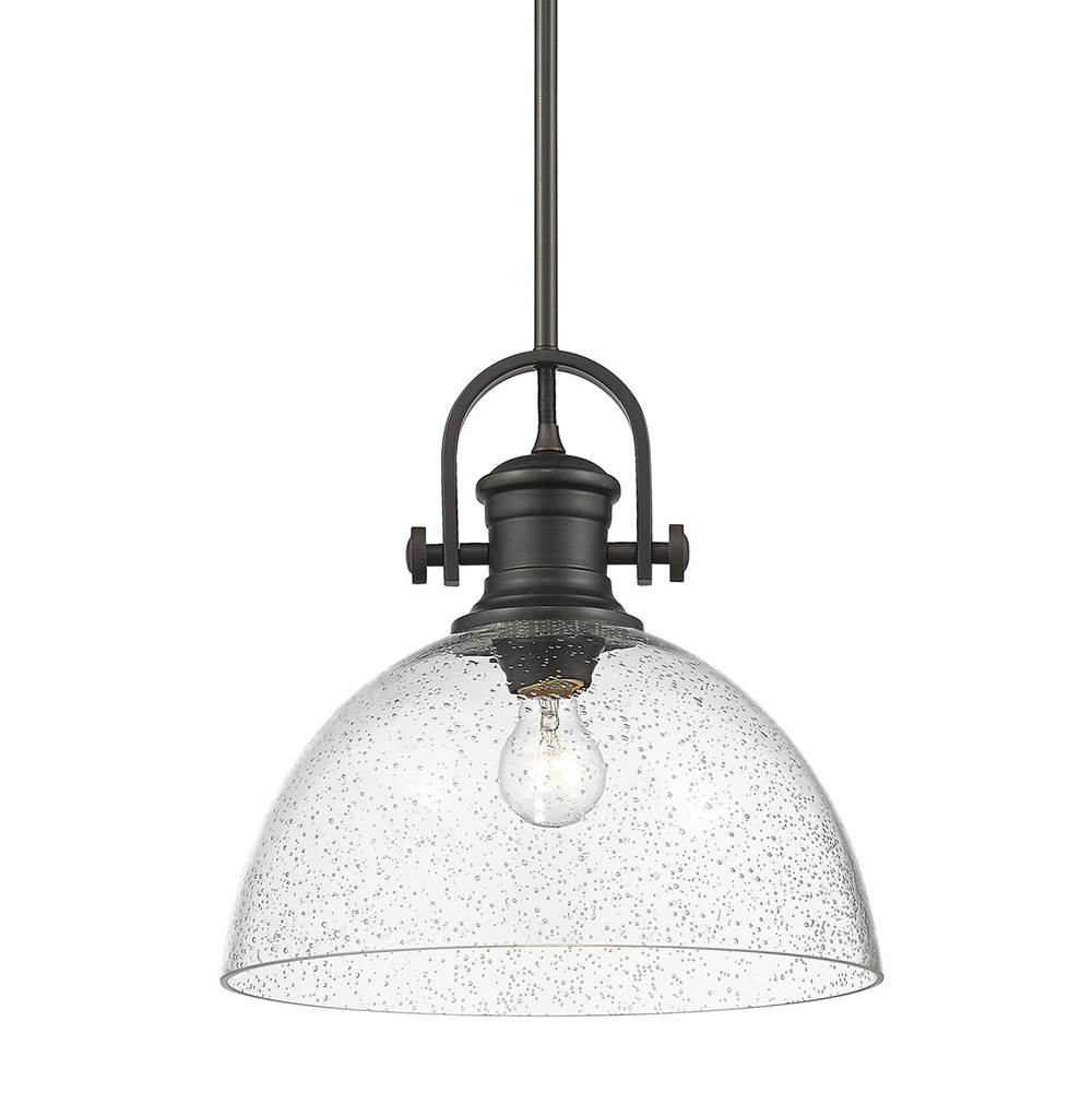 Golden Lighting Hines 1-Light Pendant in Rubbed Bronze with Seeded Glass