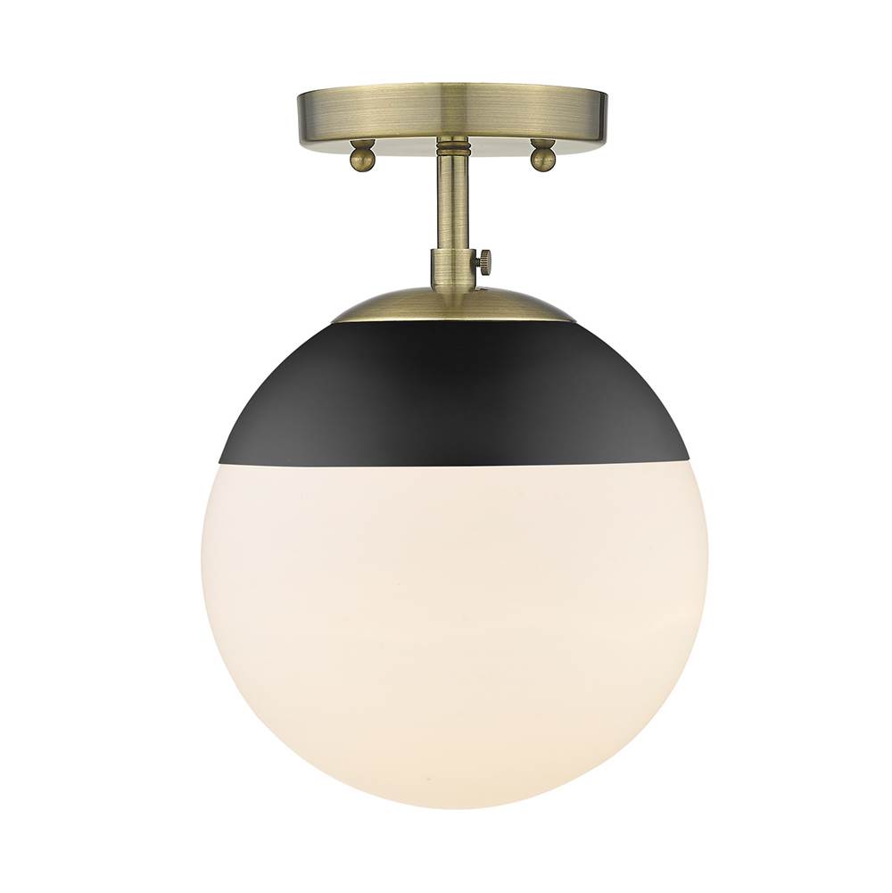 Golden Lighting Dixon Semi-Flush in Aged Brass with Opal Glass and Matte Black Cap