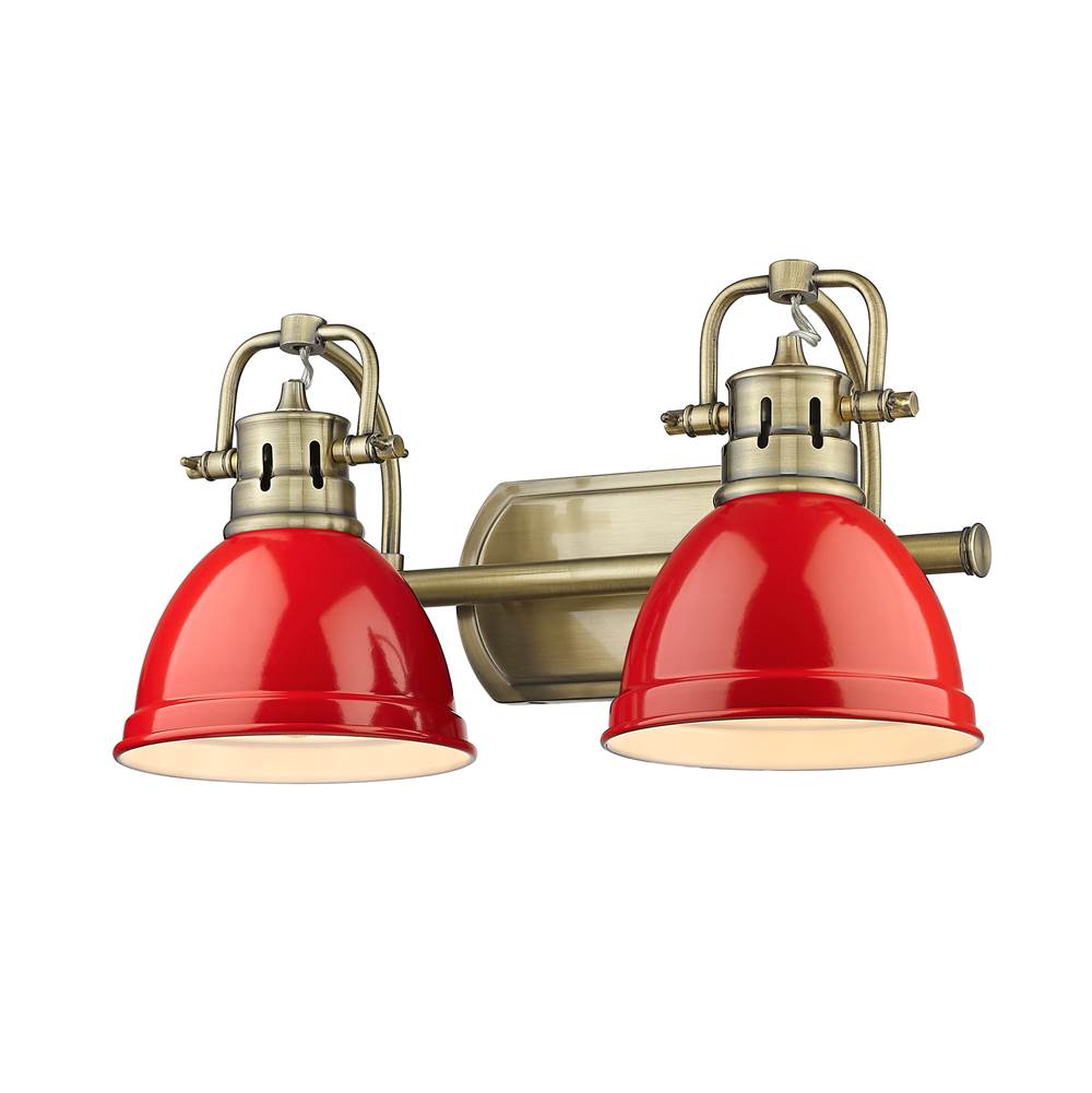 Golden Lighting Duncan 2 Light Bath Vanity in Aged Brass with Red Shades
