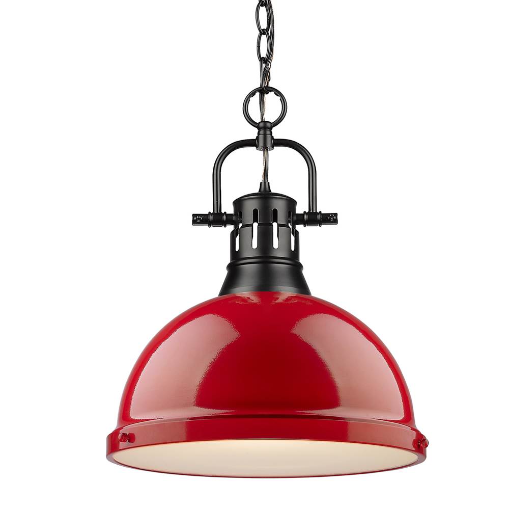 Golden Lighting Duncan 1 Light Pendant with Chain in Matte Black with a Red Shade