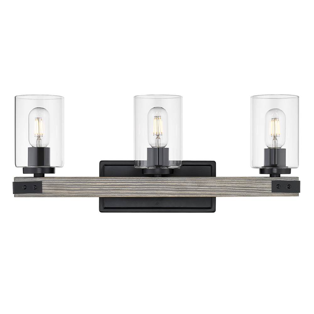 Golden Lighting Lowell 3-Light Bath Vanity in Matte Black with Clear Glass Shade