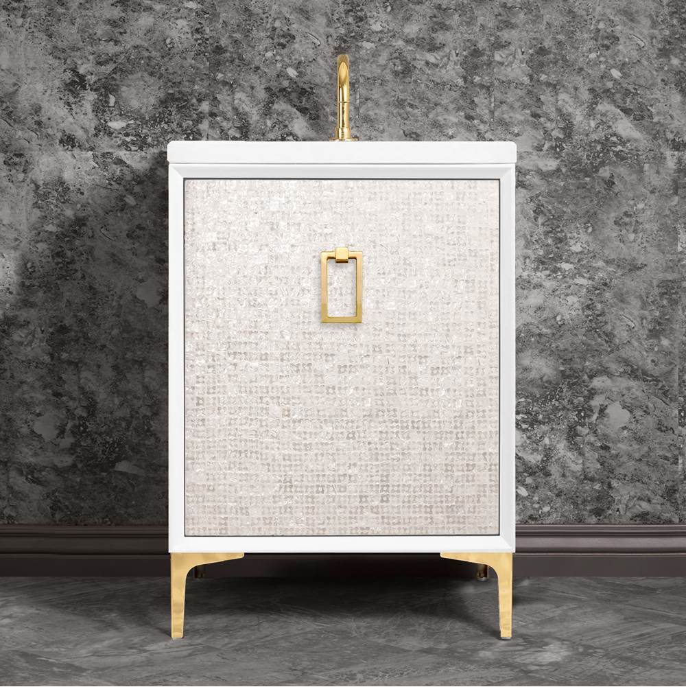 Linkasink Mother of Pearl 24'' Wide White Vanity with Polished Brass Coach Pull and Hardware, 24'' x 22'' x 33.5'' (without vanity top)