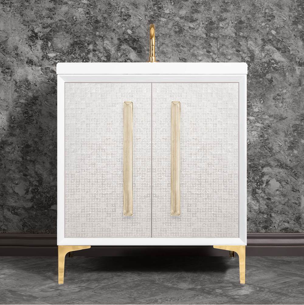 Linkasink MOTHER OF PEARL with 18'' Artisan Glass Prism Hardware 30'' Wide Vanity, White, Polished Brass Hardware, 30'' x 22'' x 33.5'' (without vanity top)