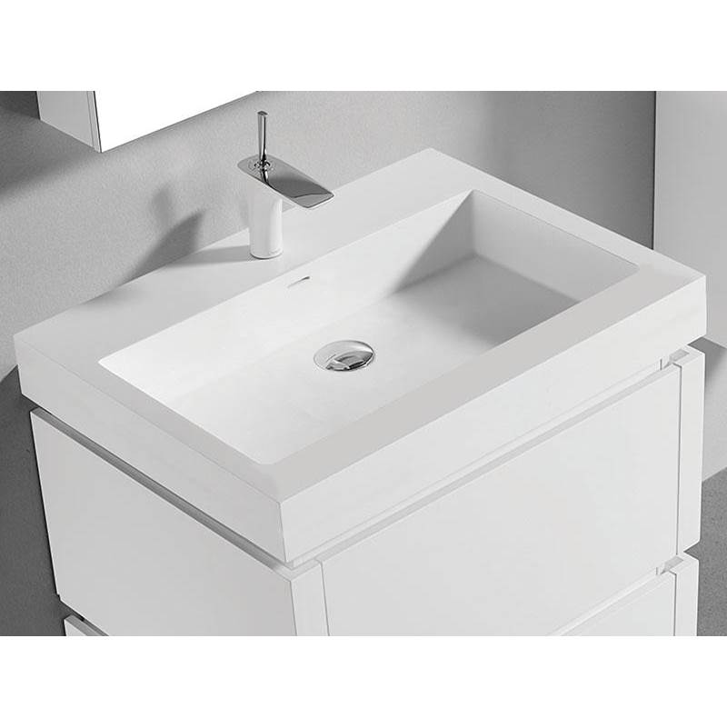 Madeli 22''D-Trough 24''W Solid Surface , Sink. Glossy White, 8'' Widespread. W/Overflow, Basin Depth: 5-3/4'', 23-7/8'' X 22-1/8'' X 4-1/2''