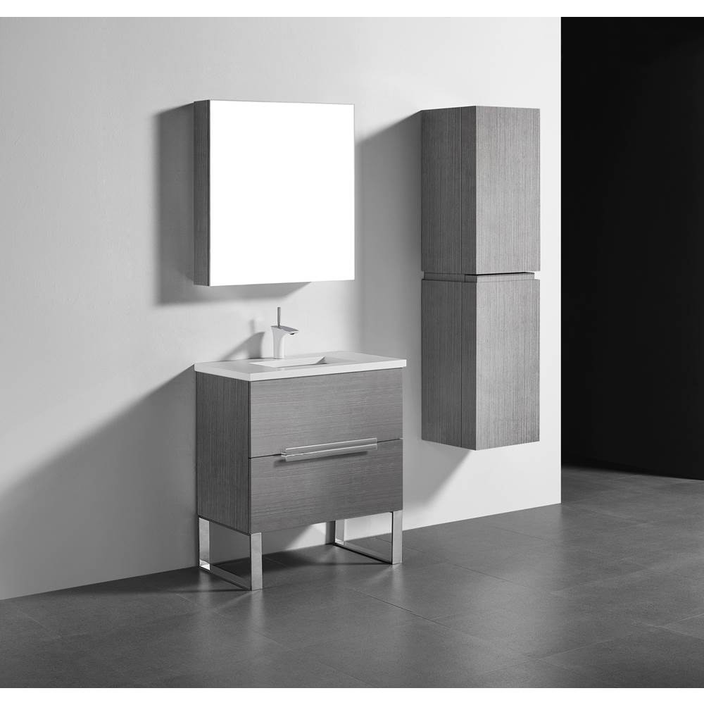 Madeli Soho 30''. Ash Grey, Free Standing Cabinet, Polished Nickel Handles (X2), S-Legs (X2), 29-5/8''X18''X33-1/2''