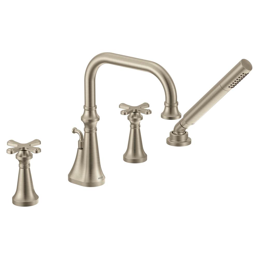 Moen Colinet Two Handle Deck-Mount Roman Tub Faucet Trim with Cross Handles and Handshower, Valve Required, in Brushed Nickel